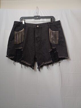 WOMEN'S DISTRESSED FRAYED RAW HEM RHINESTONE DETAIL JEAN SHORTS BLACK SIZE 2XL